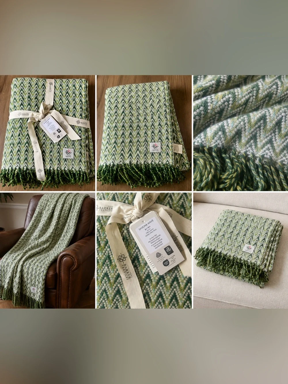 Barker Textiles Shady Wave Green 100% Wool Throw Blanket  NWT
